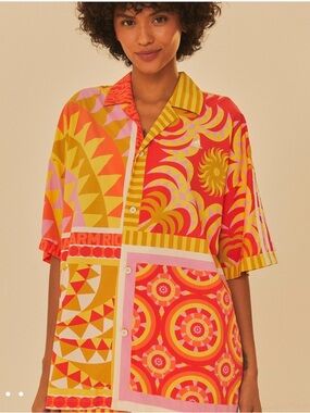 ADIDAS x FARM RIO L/XL Multicolor Button-Down Short Sleeve Shirt